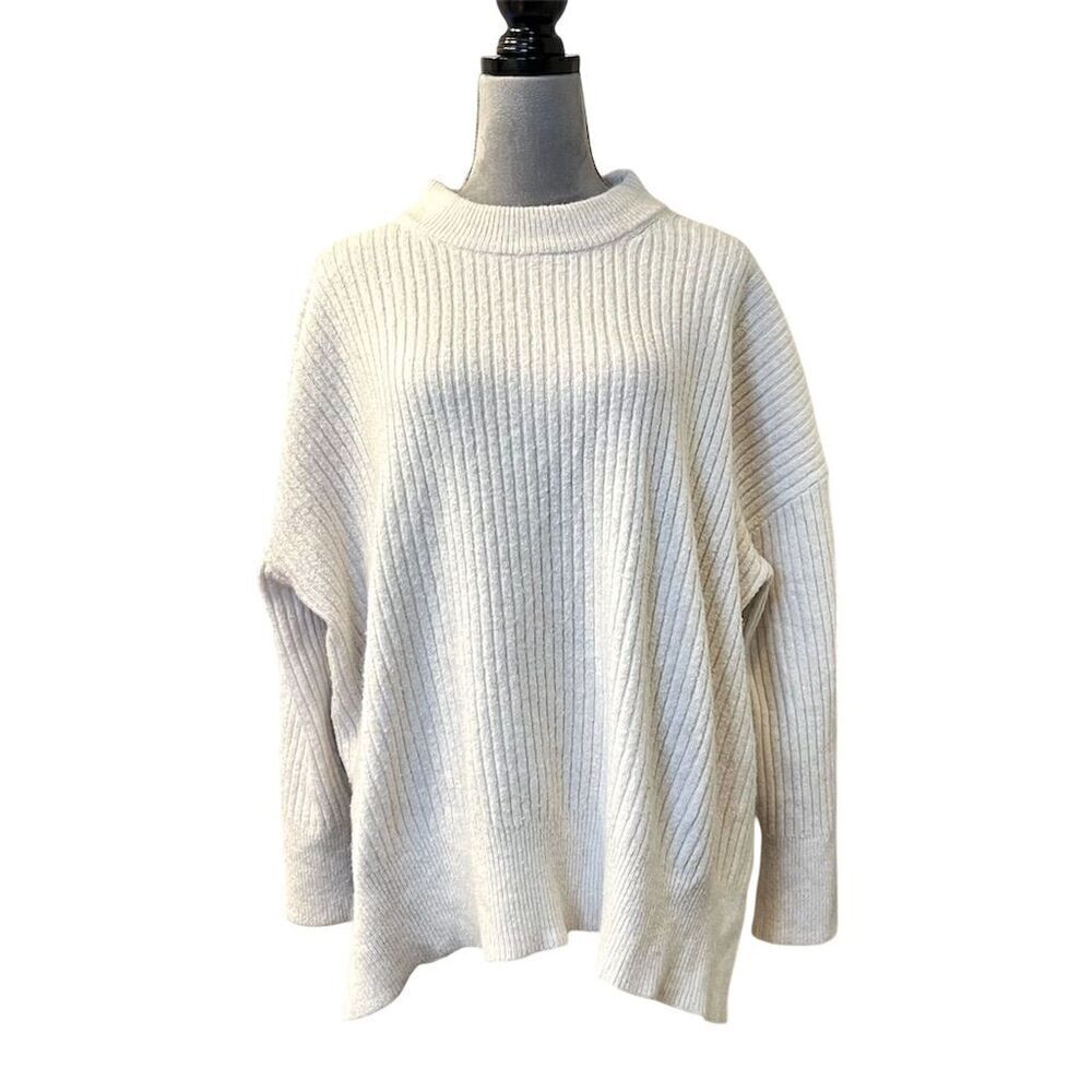 H&M Women's Ivory Ribbed Funnel Neck Pullover Sweater Size L Casual Knit